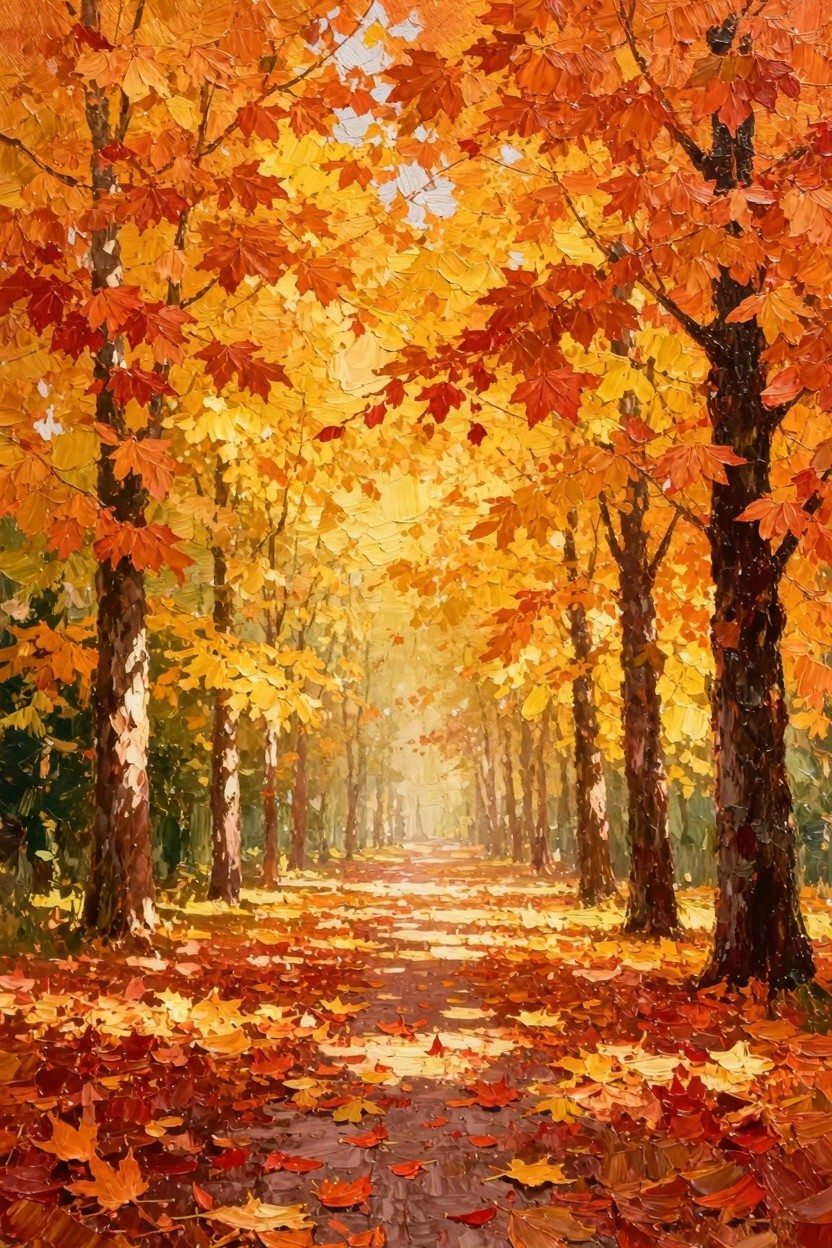 Oil painting of a sunlit path lined by tall maple trees in orange and yellow autumn leaves with fallen leaves covering the ground.