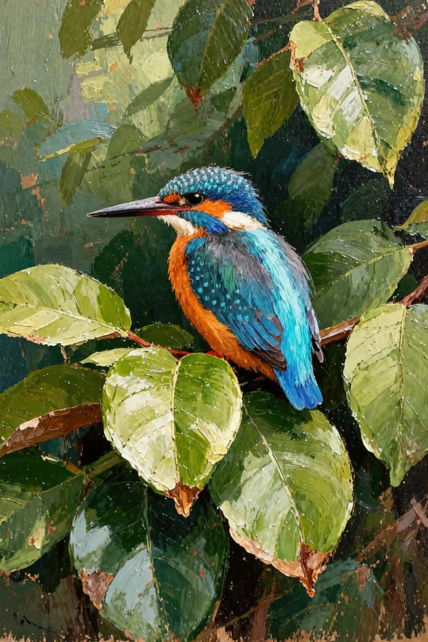 Oil painting of a kingfisher bird with blue, orange, and white feathers perched on a branch amid large textured green leaves and dark foliage background.