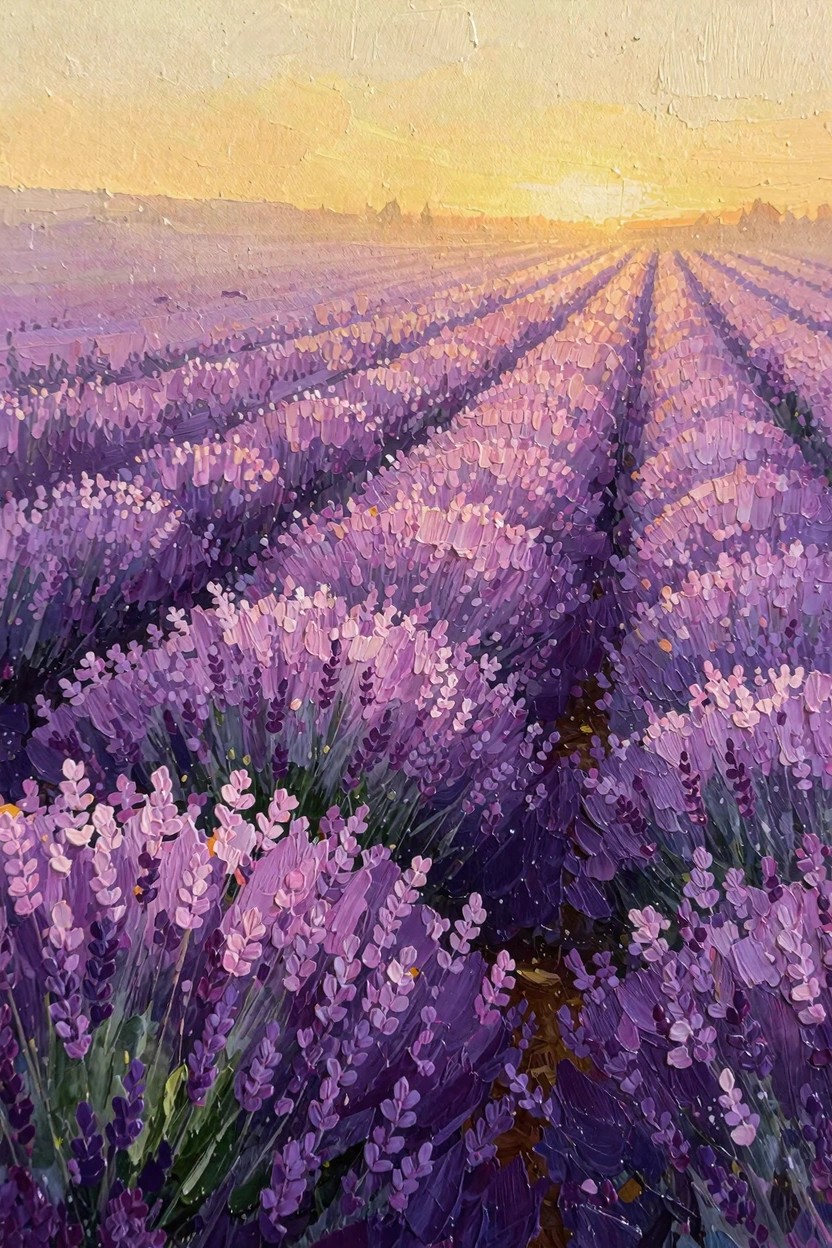 Oil painting of endless purple lavender fields in rows under a golden sunset sky with distant hills.