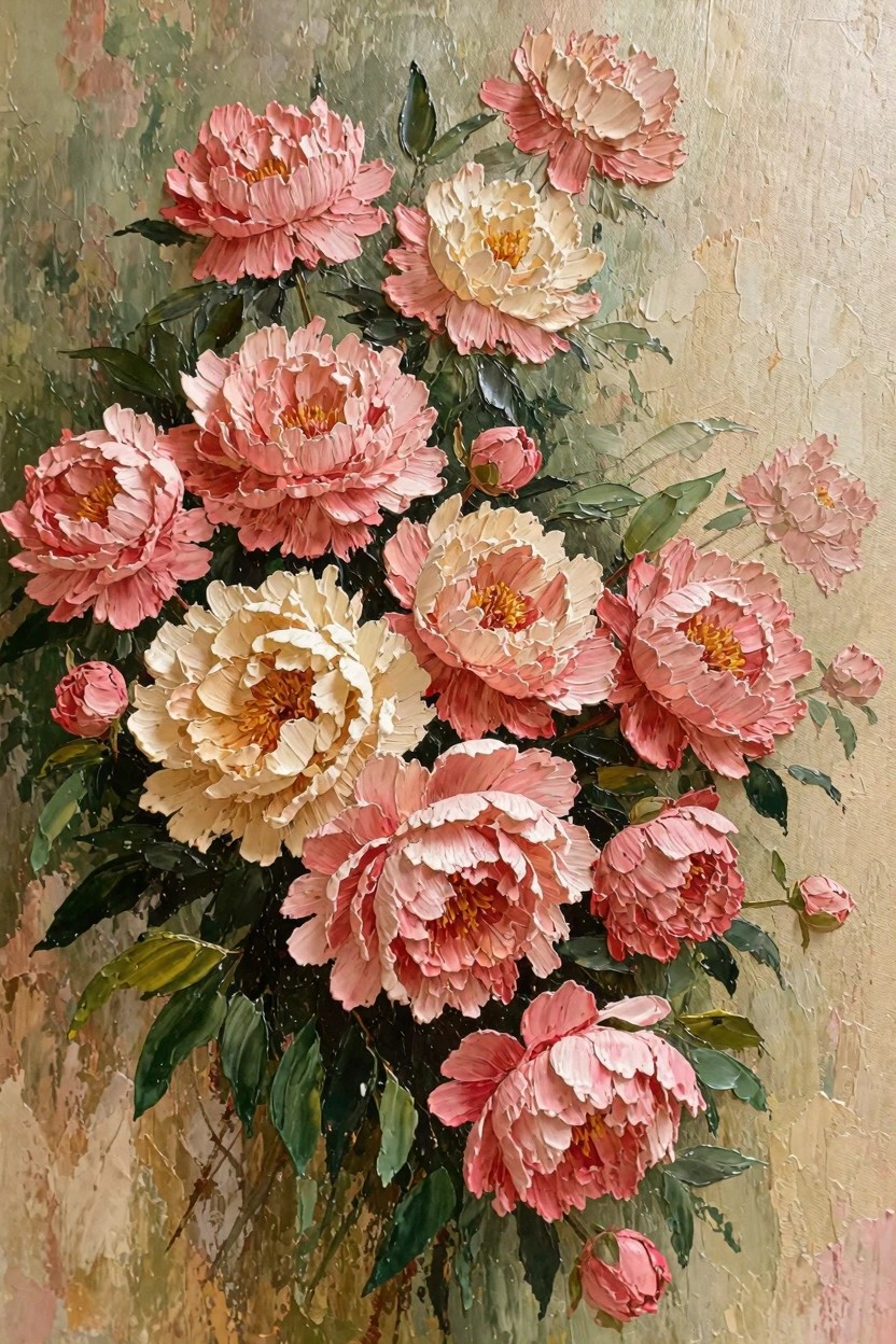 Oil painting of clustered pink and white peonies with green leaves on a textured greenish-beige background.