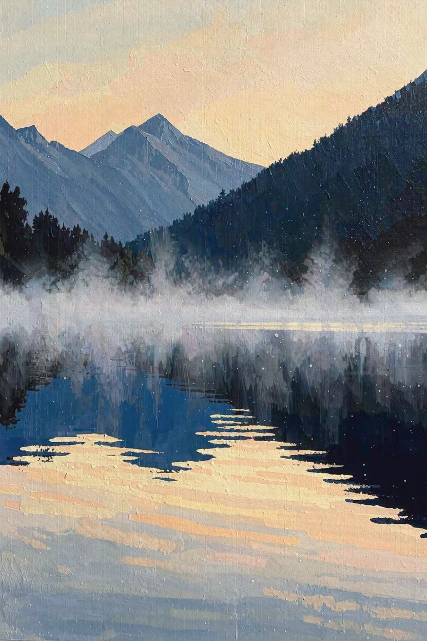 Oil painting of jagged blue mountains and dark forests reflected in a misty lake under a pinkish dawn sky.