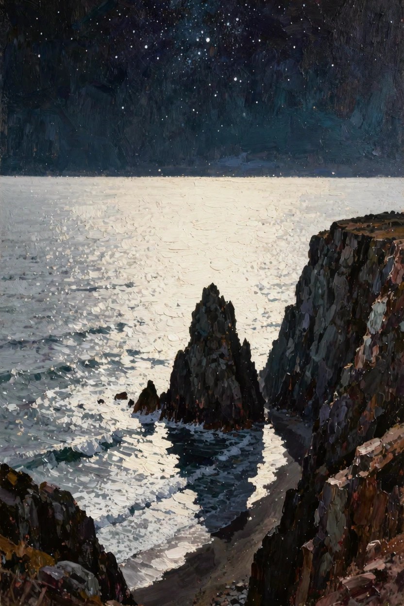 Oil painting of starry night sky over moonlit ocean waves around a central rock stack flanked by dark cliffs.