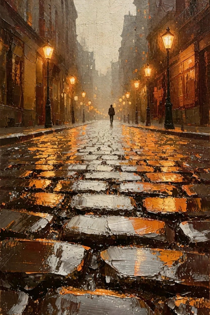 Oil painting of a narrow rainy cobblestone street at dusk lit by orange gas lamps, with wet reflections and a lone figure walking away.