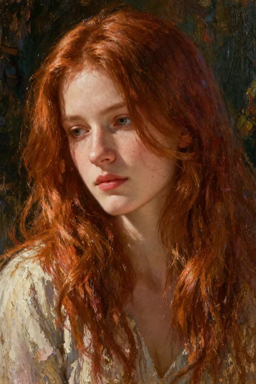 Oil painting of a young woman with long red hair, green eyes, pale skin, and white blouse against a dark forest background.