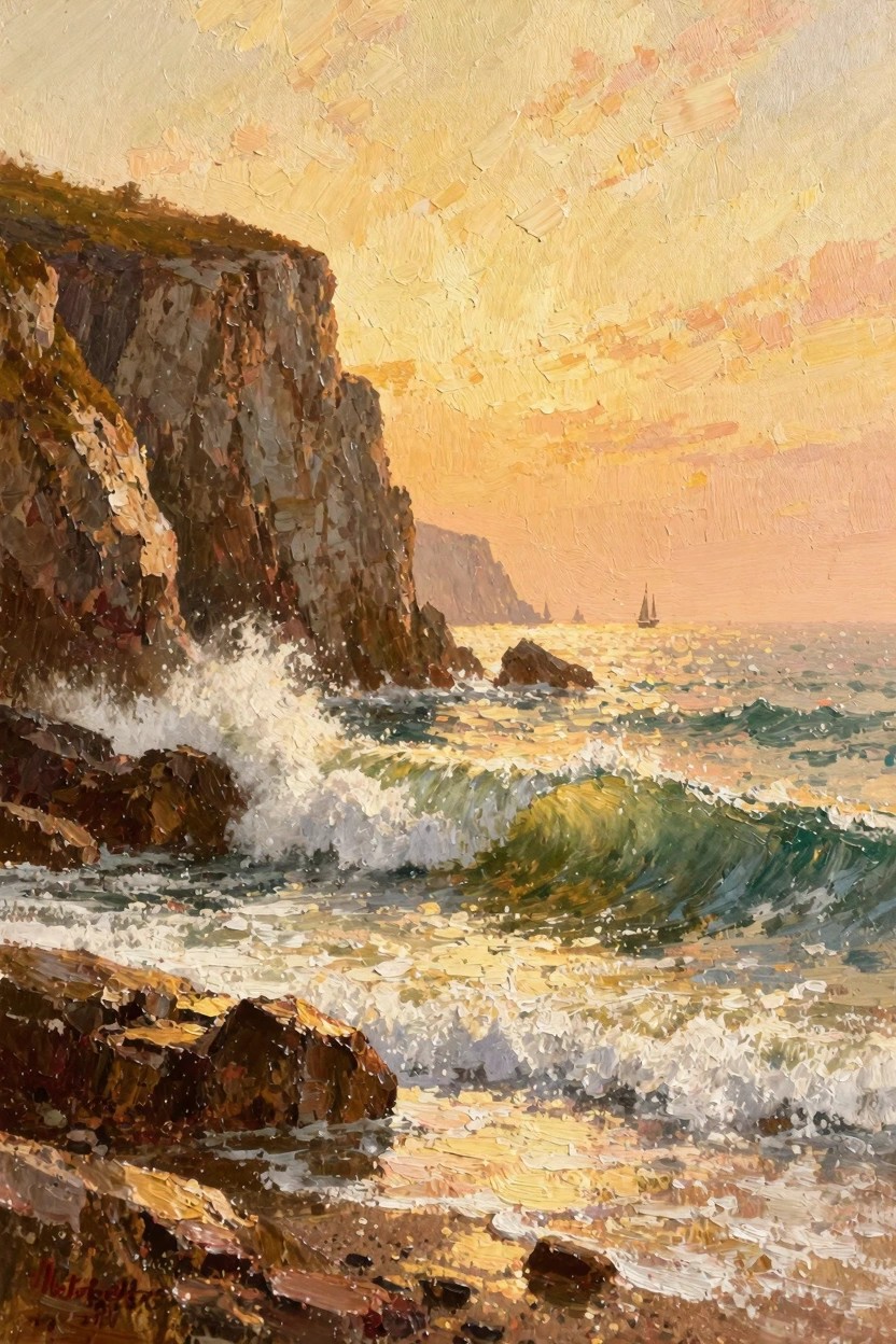 Oil painting of golden-hour cliffs, rocky shore with crashing waves, distant sailboats, and sunset sky over the ocean.