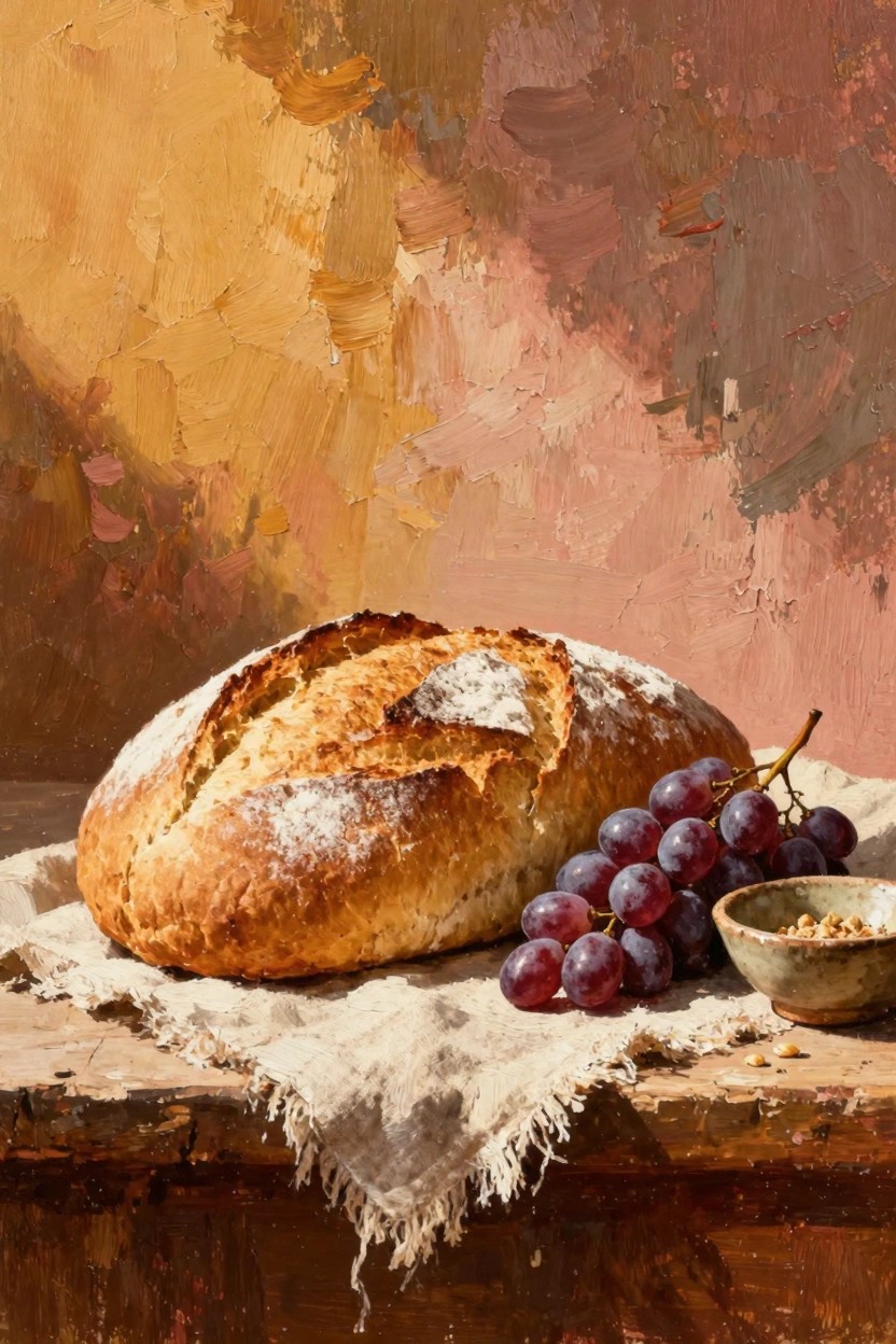Oil painting still life of a flour-dusted round loaf of bread on a white cloth with purple grapes and a bowl of nuts on a wooden table against a textured orange-pink background.