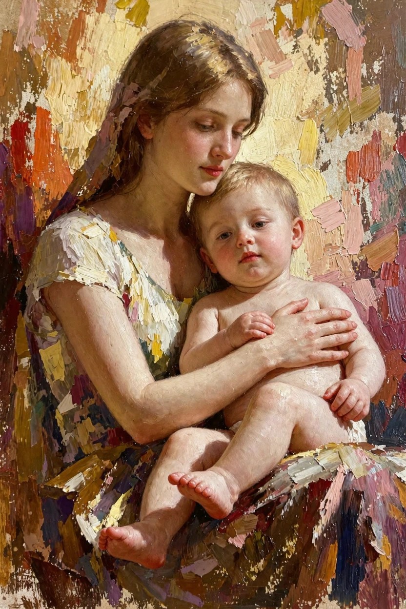 Oil painting of a young woman with long brown hair in a colorful textured dress holding a nude chubby baby on her lap against an abstract impasto background.