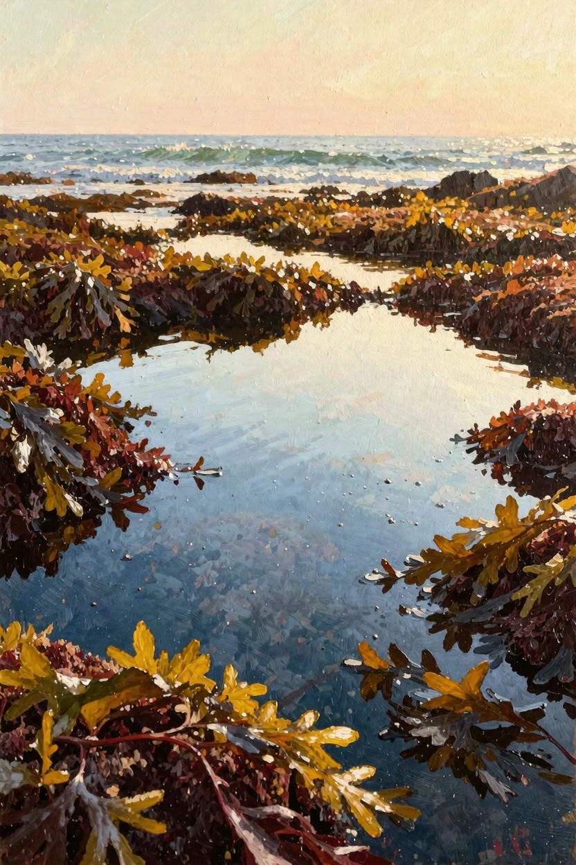 Oil painting of orange and red kelp in blue reflective tide pools on rocks, with ocean waves and pink sunset sky in the background.