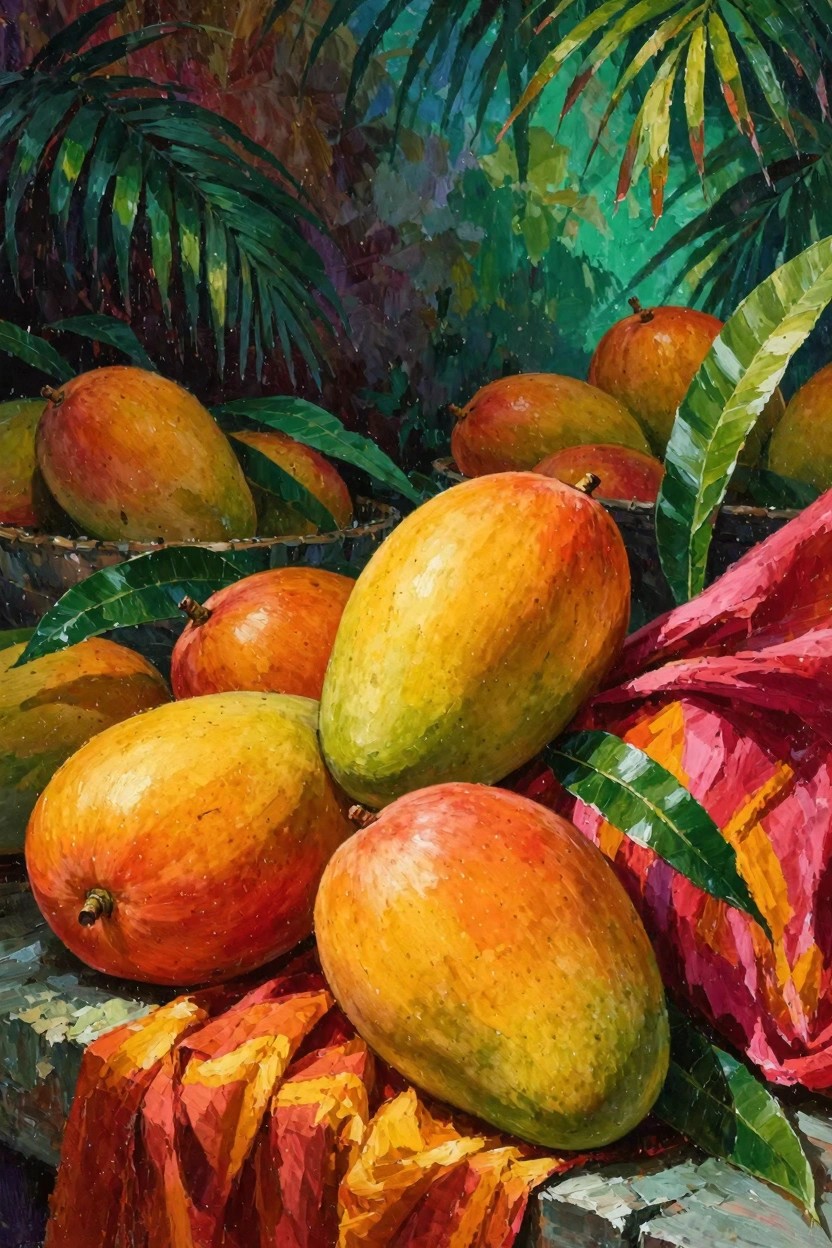 Oil painting of ripe mangoes overflowing from a basket onto red cloth with palm leaves and tropical green background.