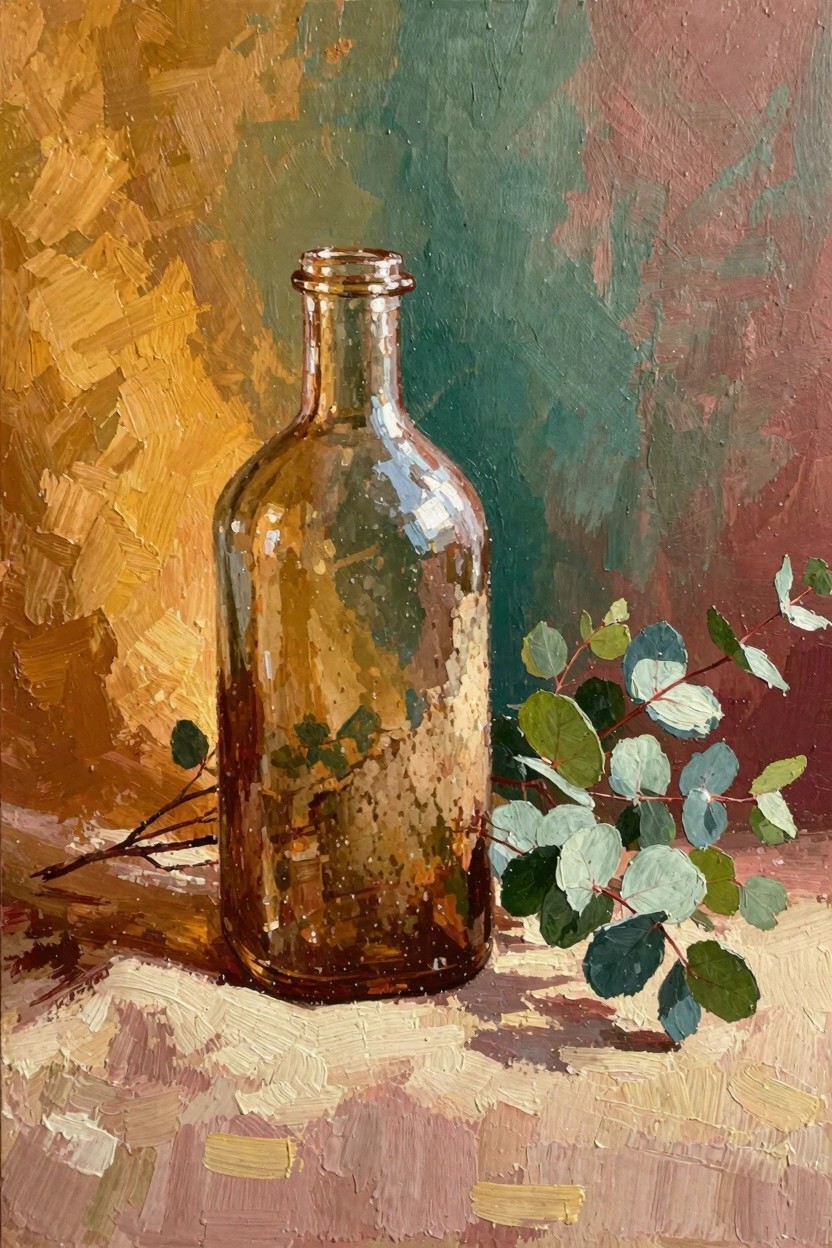 Oil painting of a clear glass bottle with eucalyptus leaves arranged around and reflected inside it against a textured, multicolored background.