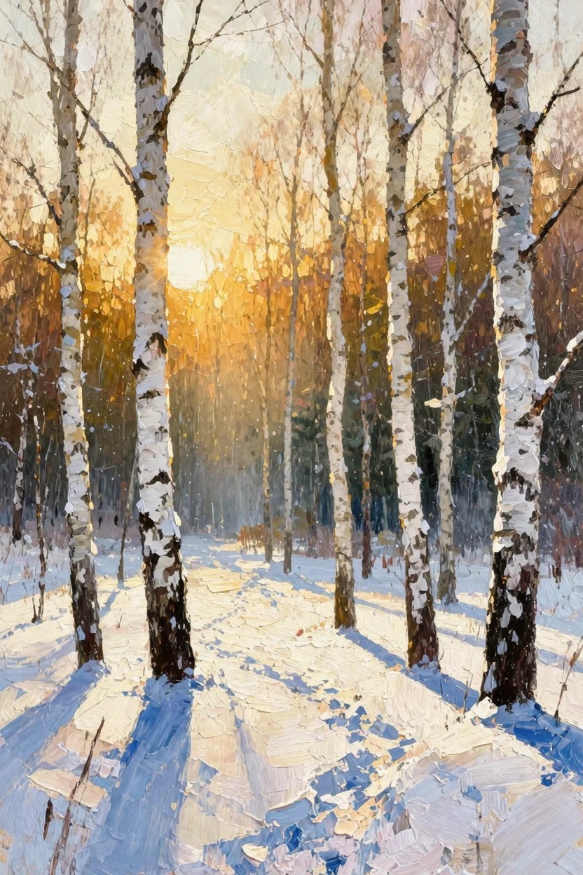 Oil painting of a snowy birch forest path lit by golden sunrise with blue shadows and warm highlights on tree trunks.