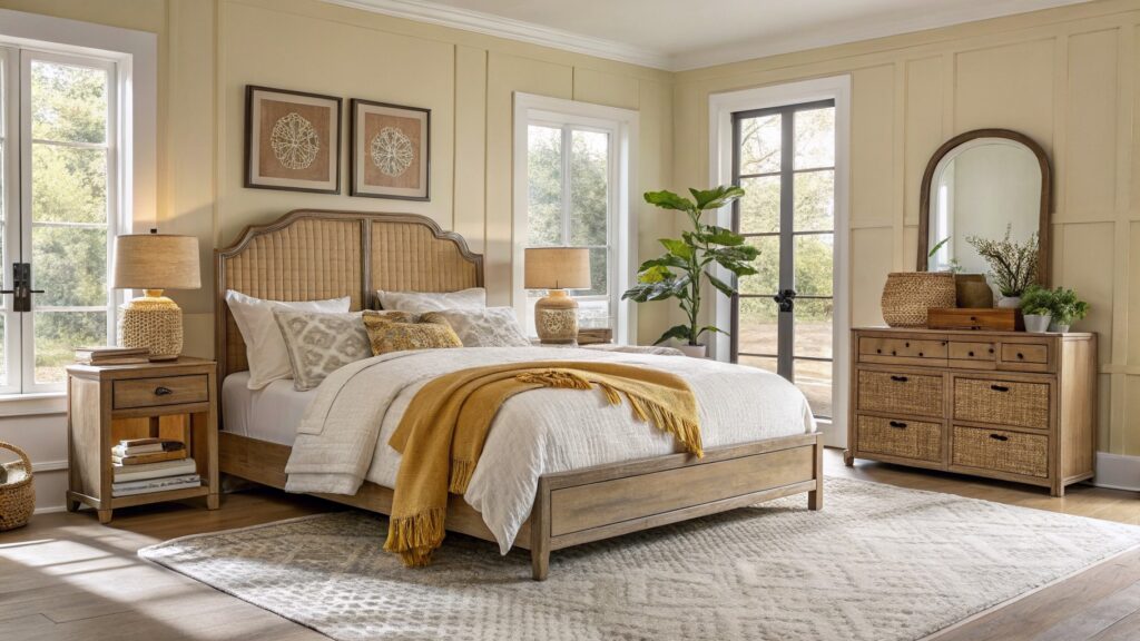 Cozy bedroom featuring warm beige paneled walls, rattan headboard, layered pillows, and neutral rug under wood bed frame