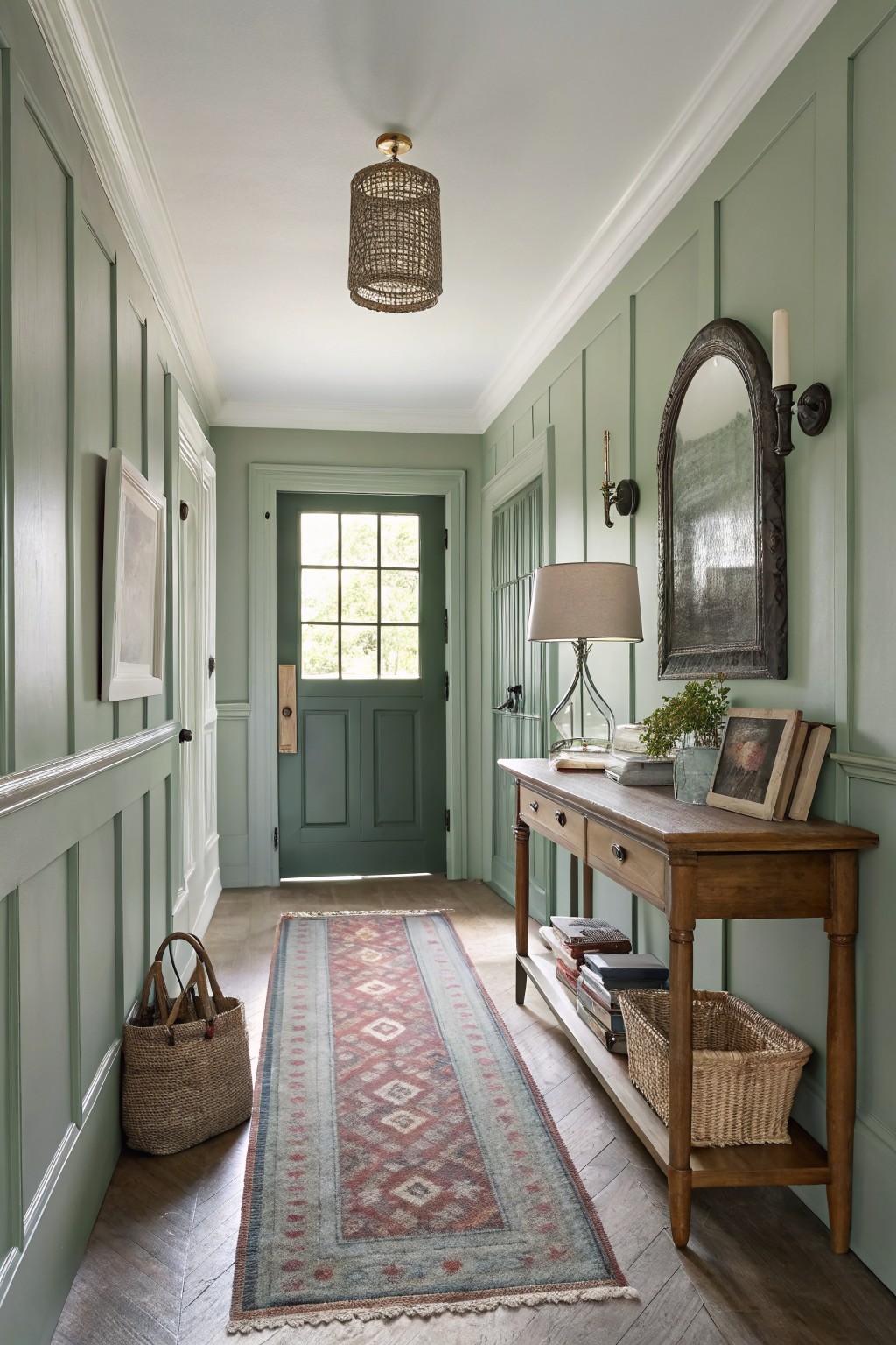 Pale sage green paneled walls in a cozy hallway with wooden console table, green door, and woven basket accents
