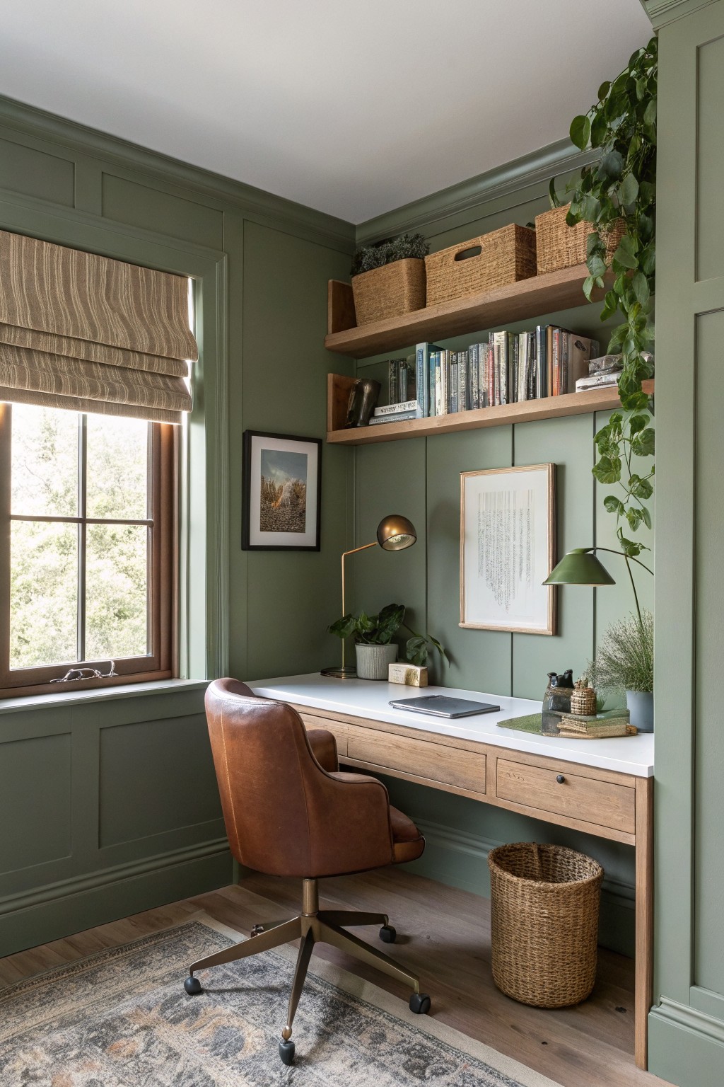 Cozy corner office with sage green paneled walls, oak desk, tan leather chair on wheels, woven baskets, plants, and open shelves of books by a window
