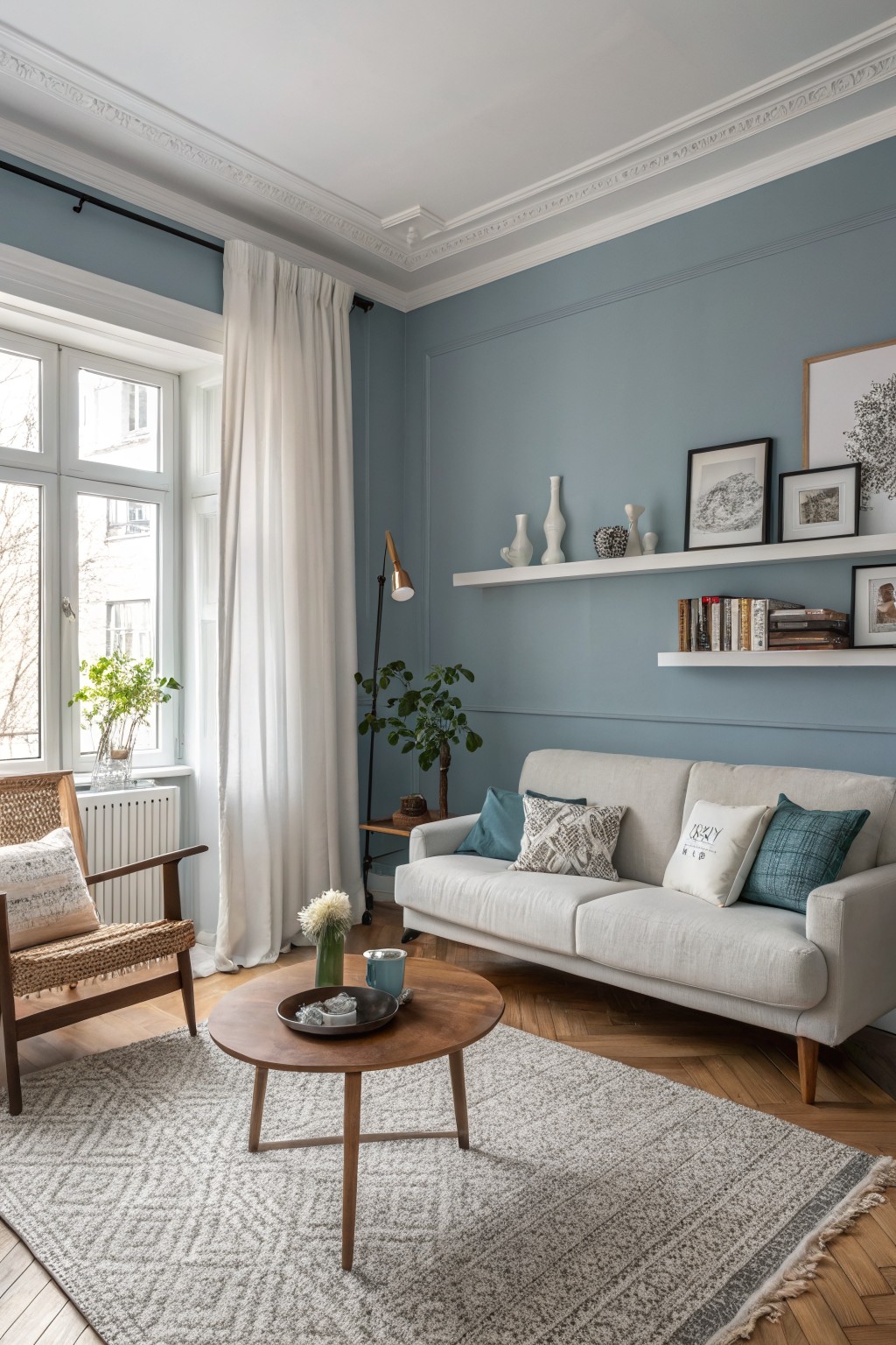 Living room corner with soft blue-gray walls, white sofa, round wood coffee table, potted plants, and floating shelves with books and art