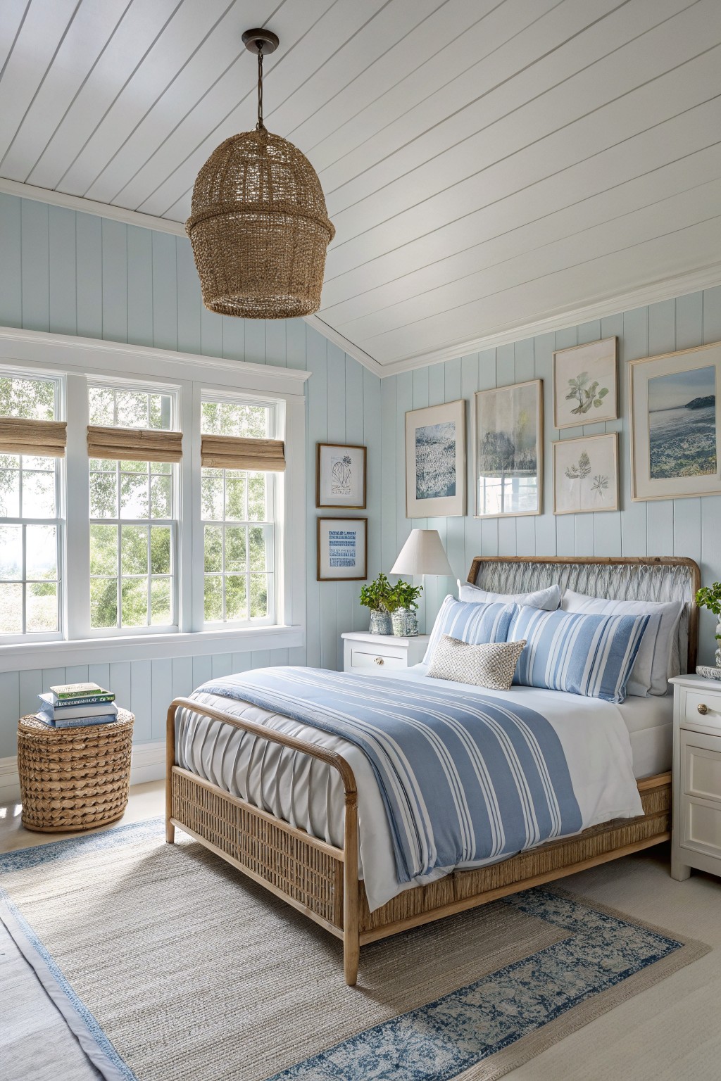 Coastal bedroom featuring pale blue shiplap walls, rattan bed with striped bedding, woven pendant light, and ocean artwork