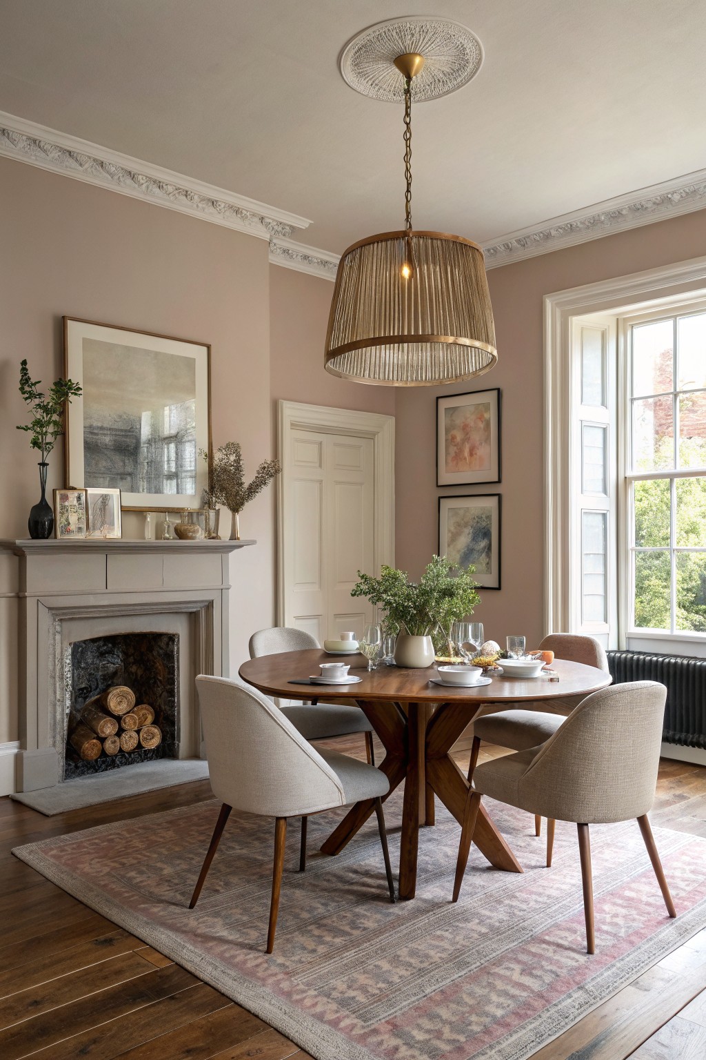 Cozy dining room featuring soft greige walls, a round walnut table with beige chairs, limestone fireplace, and large sash windows letting in natural light