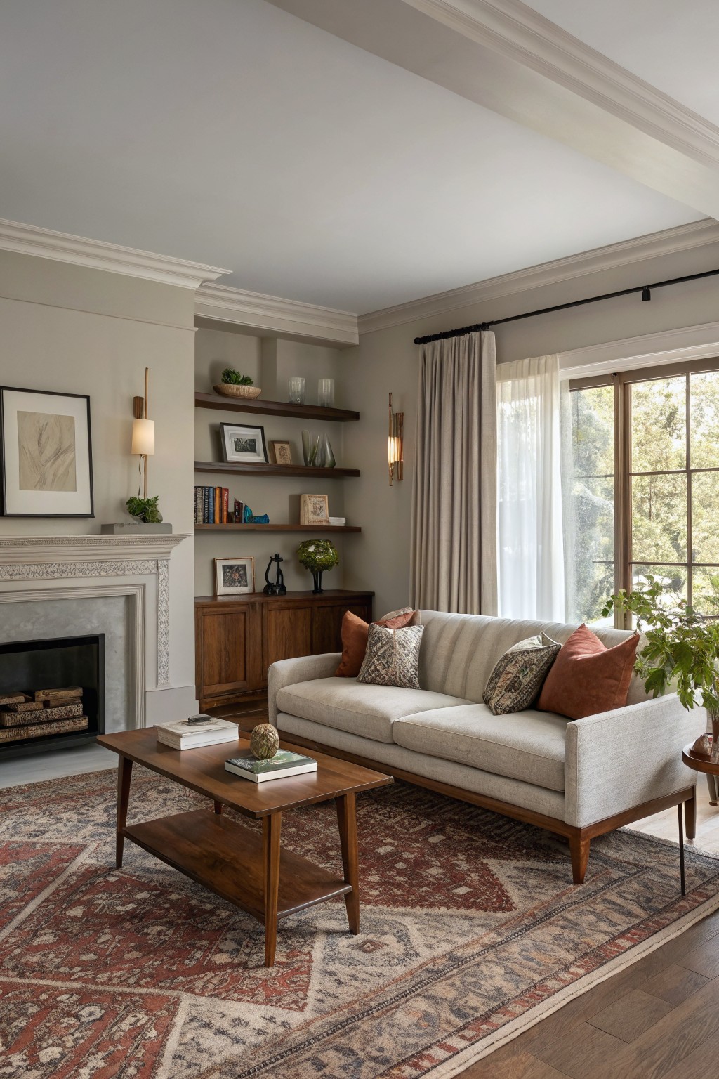 Cozy living room featuring soft greige walls, beige sofa, wood coffee table, ornate rug, and fireplace with natural light from large windows