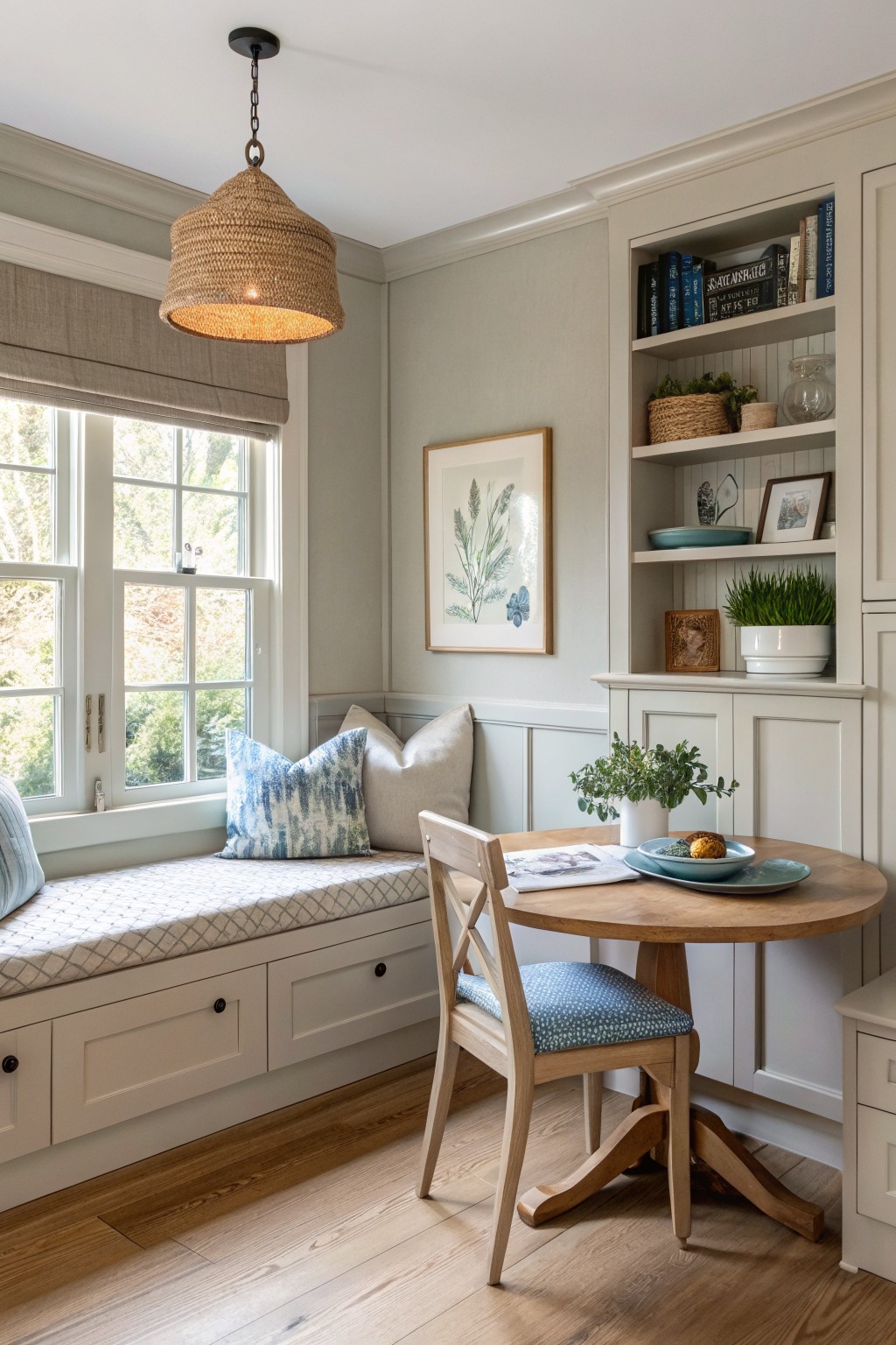 Cozy breakfast nook with soft greige walls, window seat, round wood table, and built-in cabinets under natural light