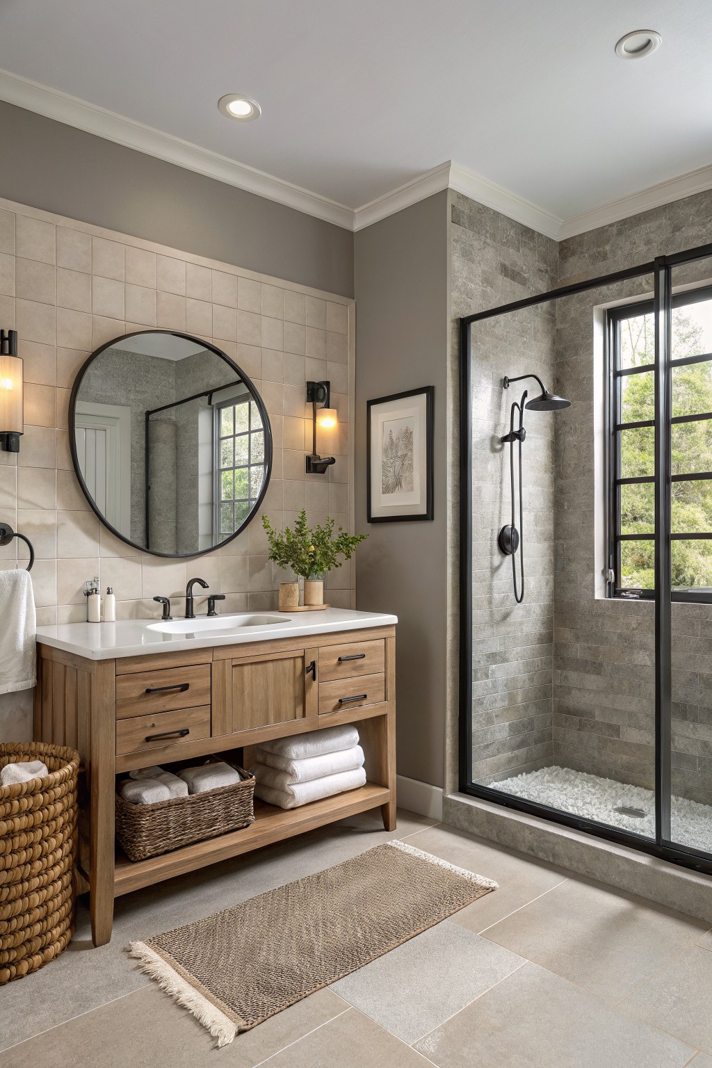 Bathroom with soft greige walls, wood vanity, beige tile backsplash, and glass shower enclosure
