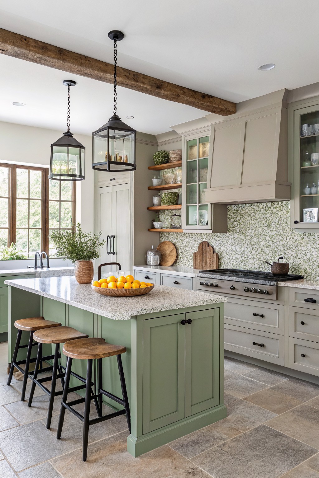 Cozy kitchen island painted in soft sage green cabinets with wooden stools, neutral upper cabinets, and green tile backsplash