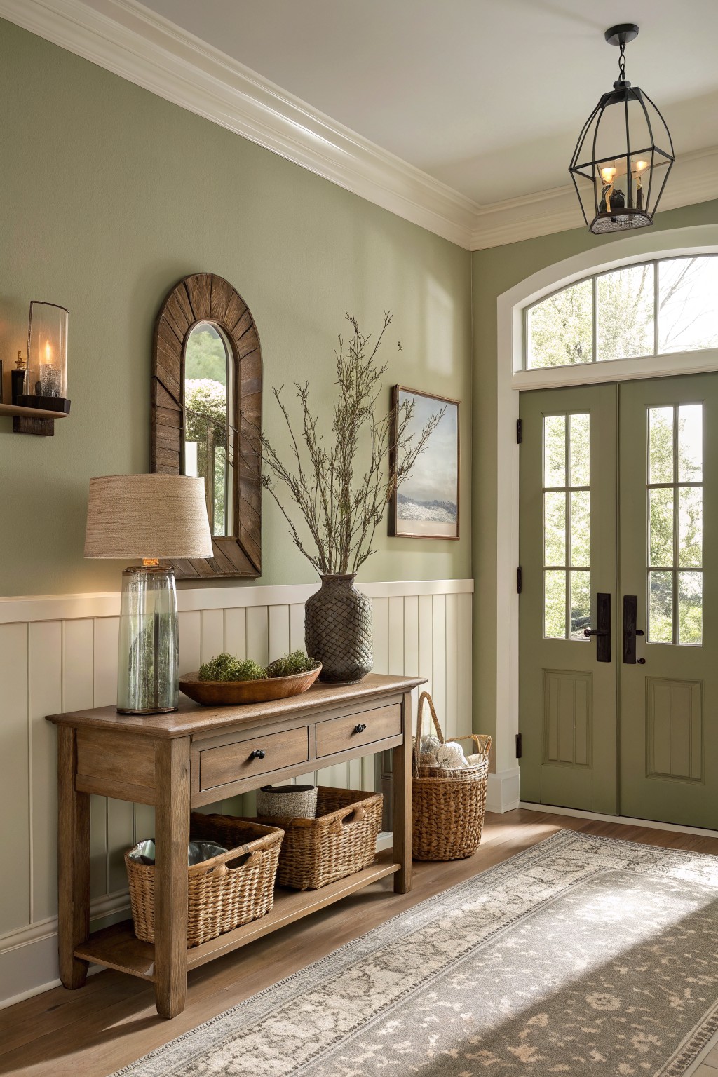 Entryway featuring soft sage green walls, wooden console with baskets and greenery, arched mirror, and double green doors