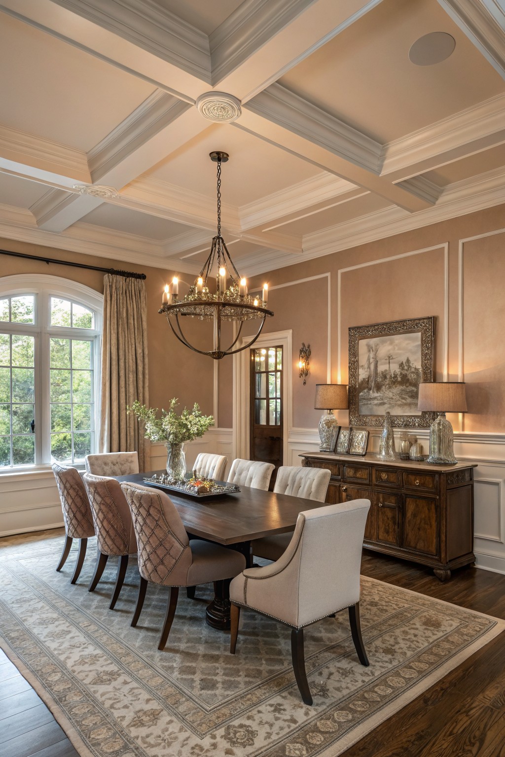 Elegant dining room featuring warm greige walls with white trim, a large wood table, tufted chairs, chandelier, and window overlooking greenery