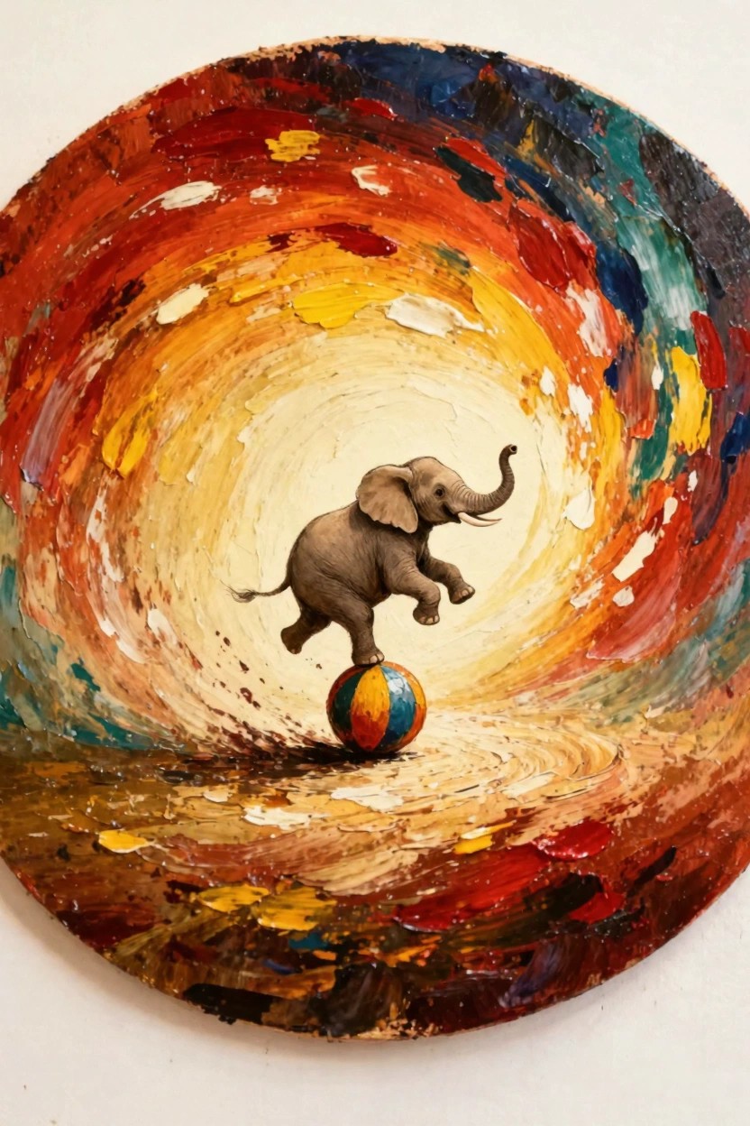 Round oil painting of baby elephant jumping on striped ball inside multicolored swirling vortex.