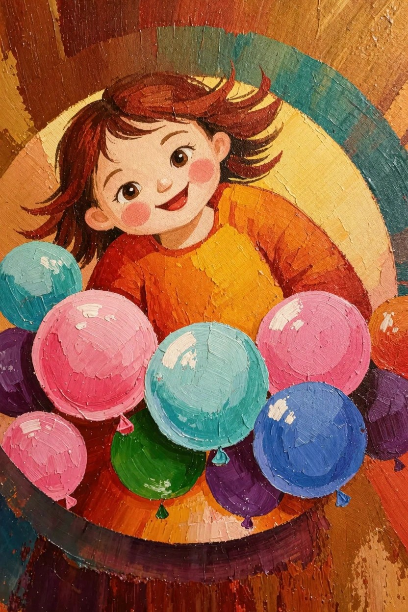 Oil painting of a smiling red-haired girl in an orange sweater holding colorful balloons on a round canvas with textured brushwork.