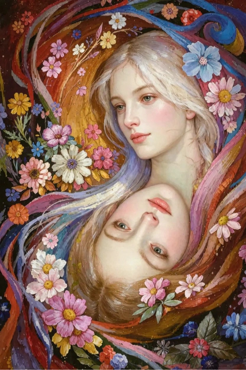 Oil painting of a woman's tilted face emerging from swirling platinum hair densely packed with colorful daisies, cosmos, and other flowers on a dark background.