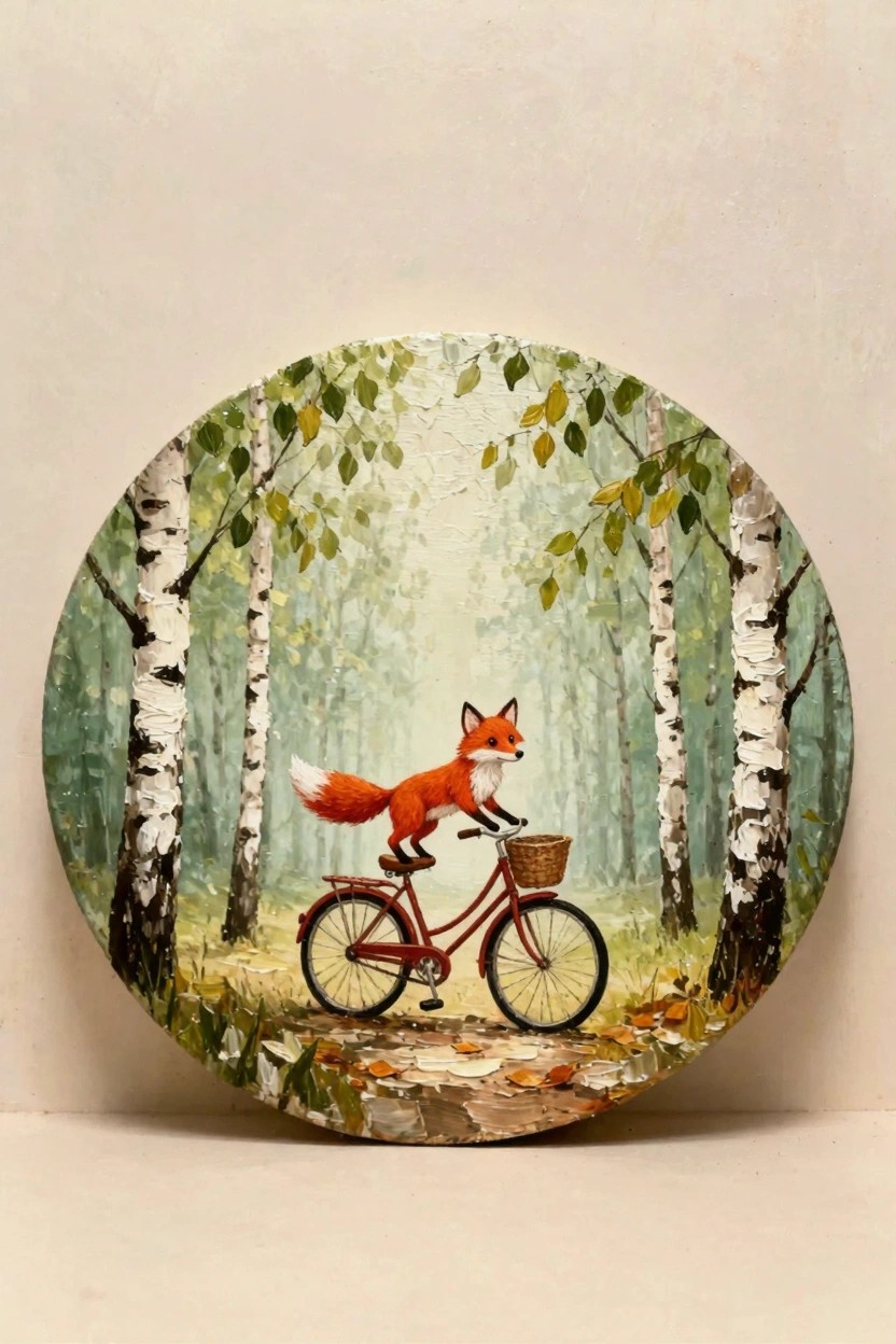 Round oil painting of a fox riding a red bicycle in a birch forest with green leaves and a dirt path.