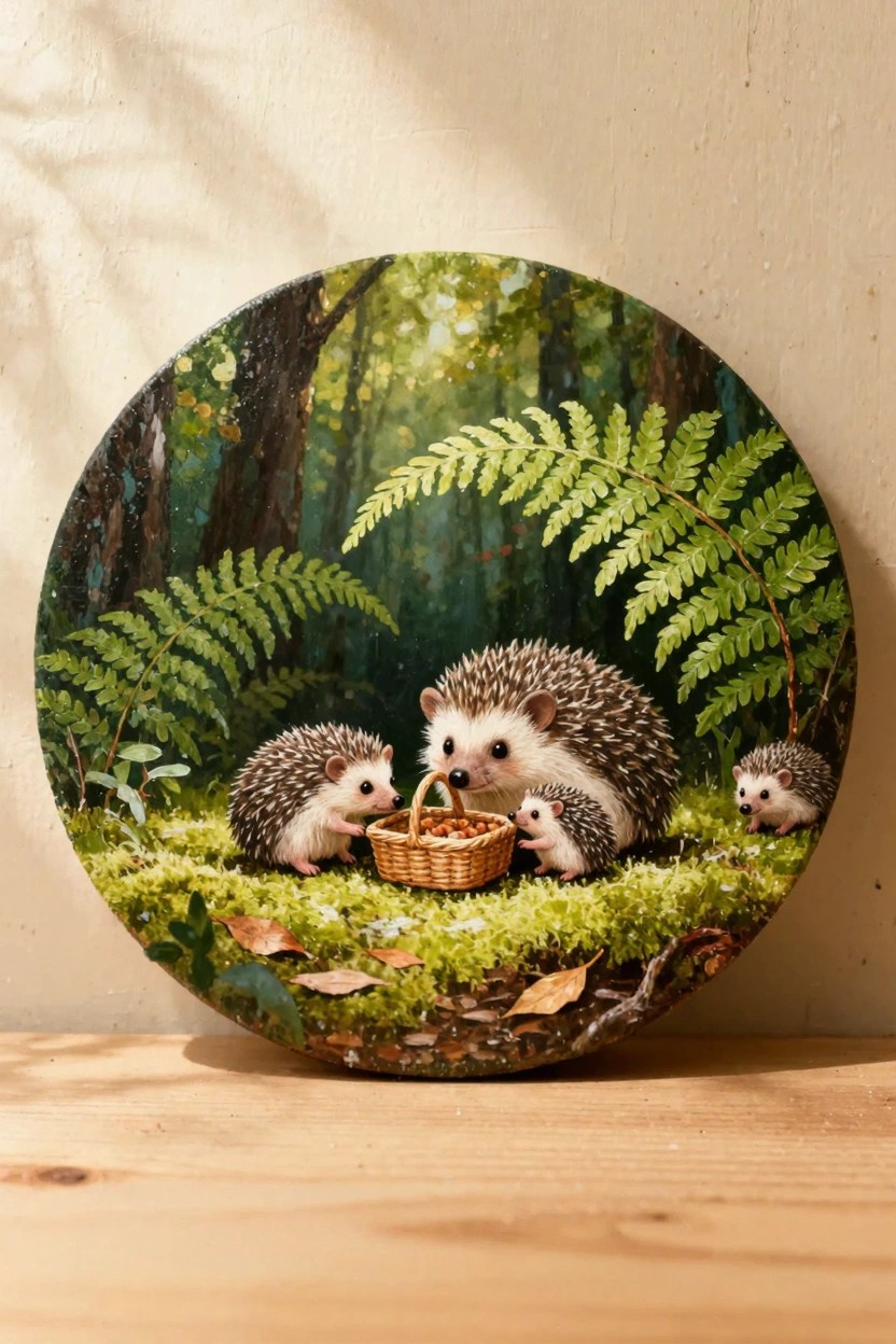 Round canvas oil painting of a mother hedgehog and three babies around a mushroom basket on mossy forest ground framed by ferns and trees.