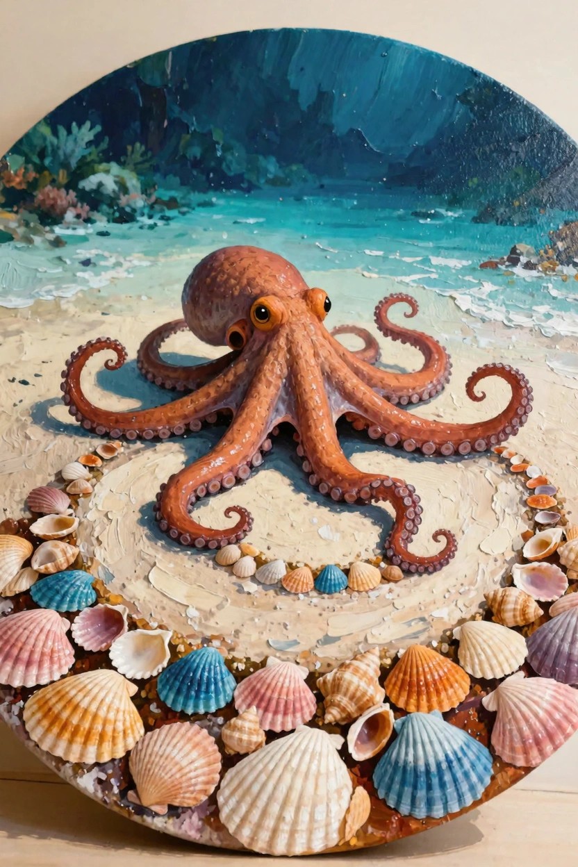 Round canvas oil painting of an orange octopus on sand encircled by colorful seashells, with beach waves and ocean cave background.