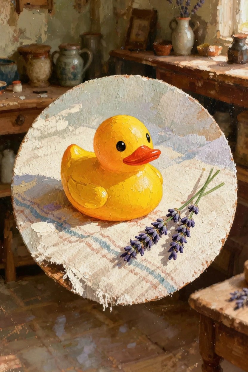 Oil painting still life of a yellow rubber duck and purple lavender sprigs on white cloth on round canvas amid rustic kitchen pottery and sunlight.