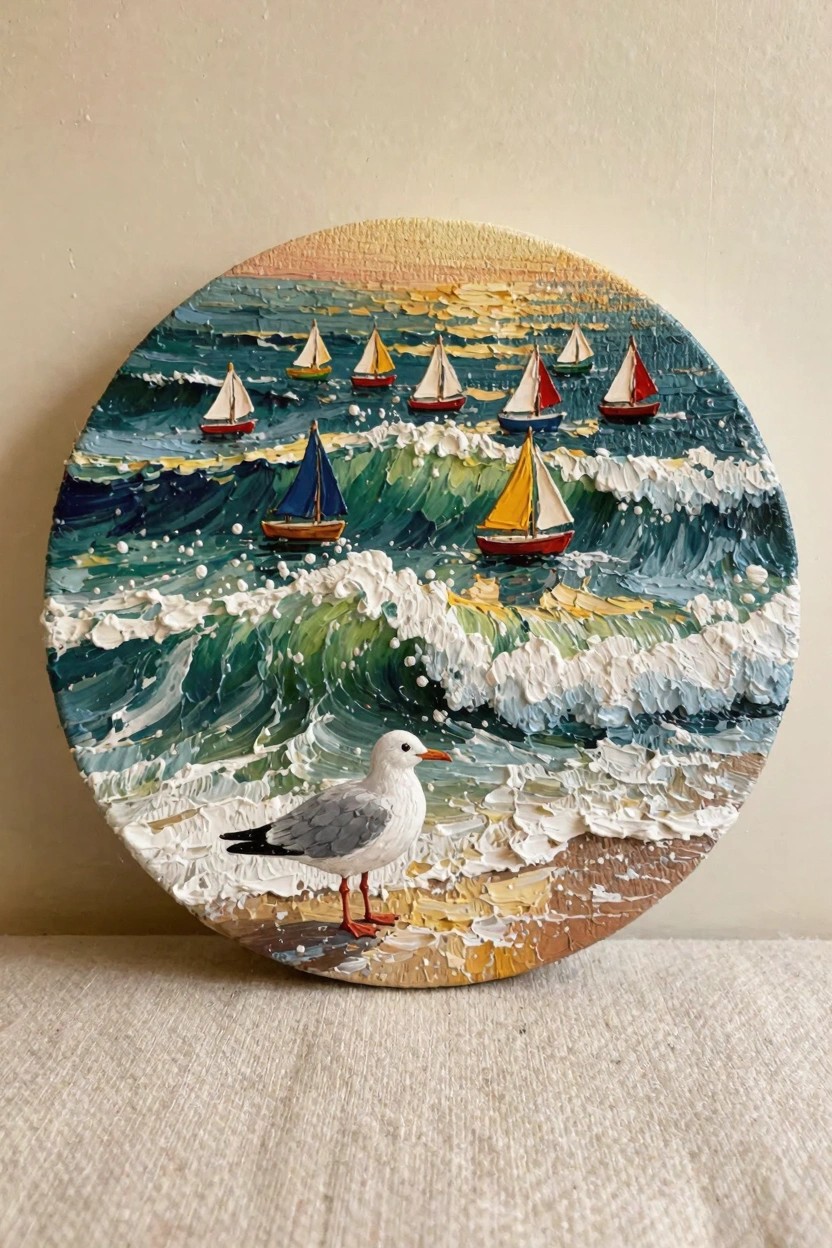 Round oil painting of choppy turquoise waves with colorful sailboats, a seagull on beige sand, and orange-yellow sunset sky.