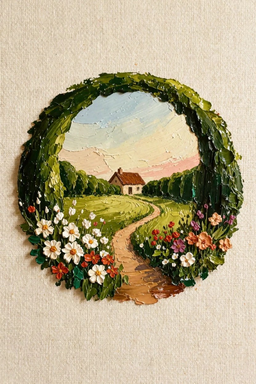 Round oil painting of a landscape path leading to a house inside a textured wreath of green leaves and colorful wildflowers on beige linen.
