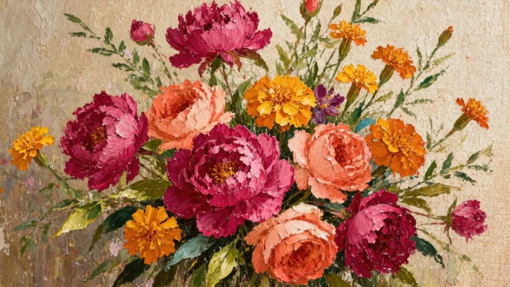 Oil painting of pink and red peonies, orange roses, yellow marigolds, and green foliage arranged in a glass vase against a deep maroon background.