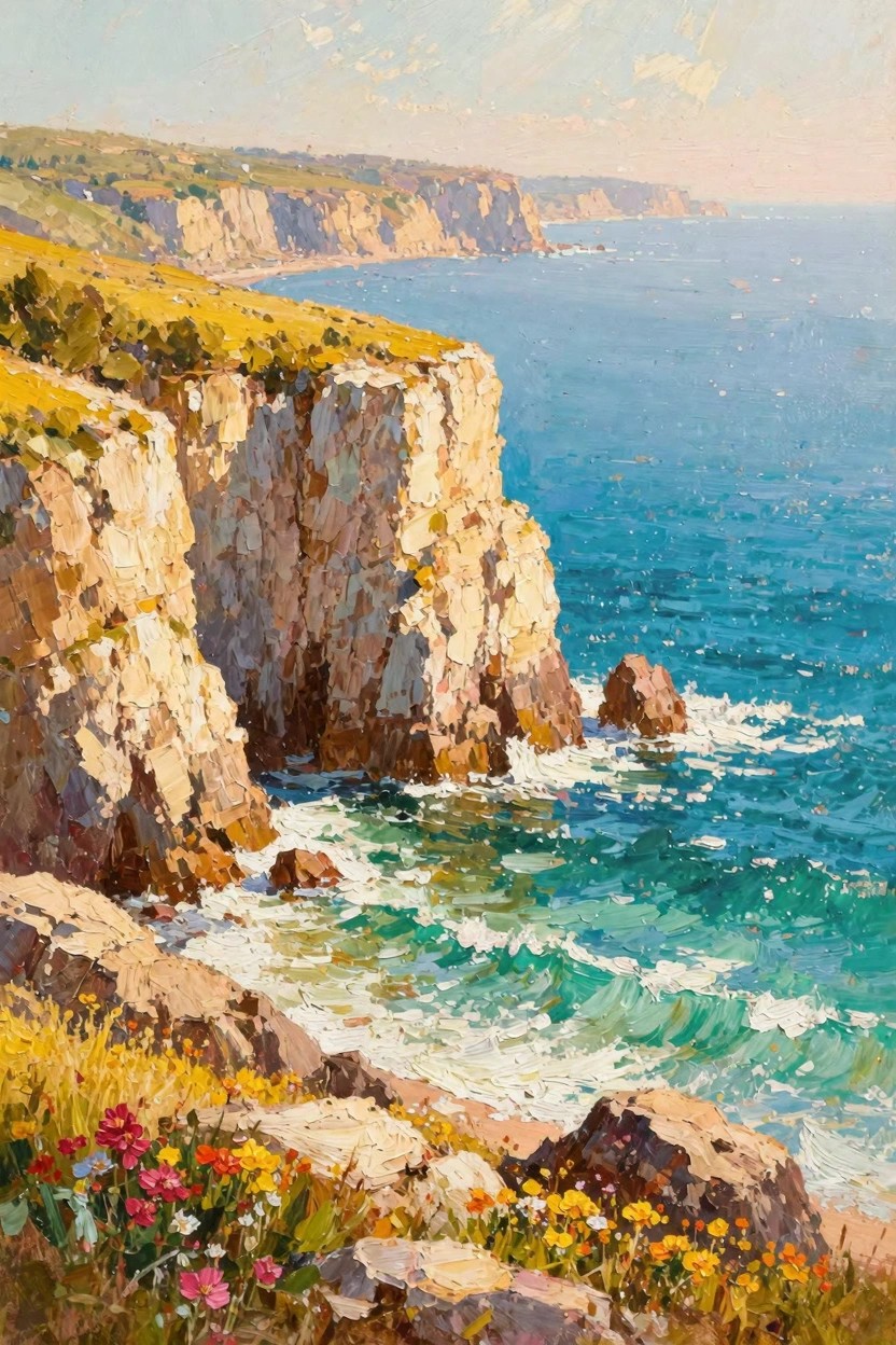 Oil painting of light cliffs with golden grass, red and yellow wildflowers in foreground, and turquoise ocean waves under partly cloudy sky.