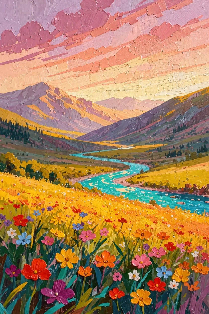 Oil painting of mountains, sunset sky, turquoise winding river through yellow fields with red, pink, purple, and orange wildflowers in a valley.