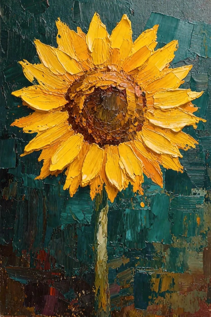 Oil painting of a yellow sunflower with thick textured petals and brown center on a dark teal background.