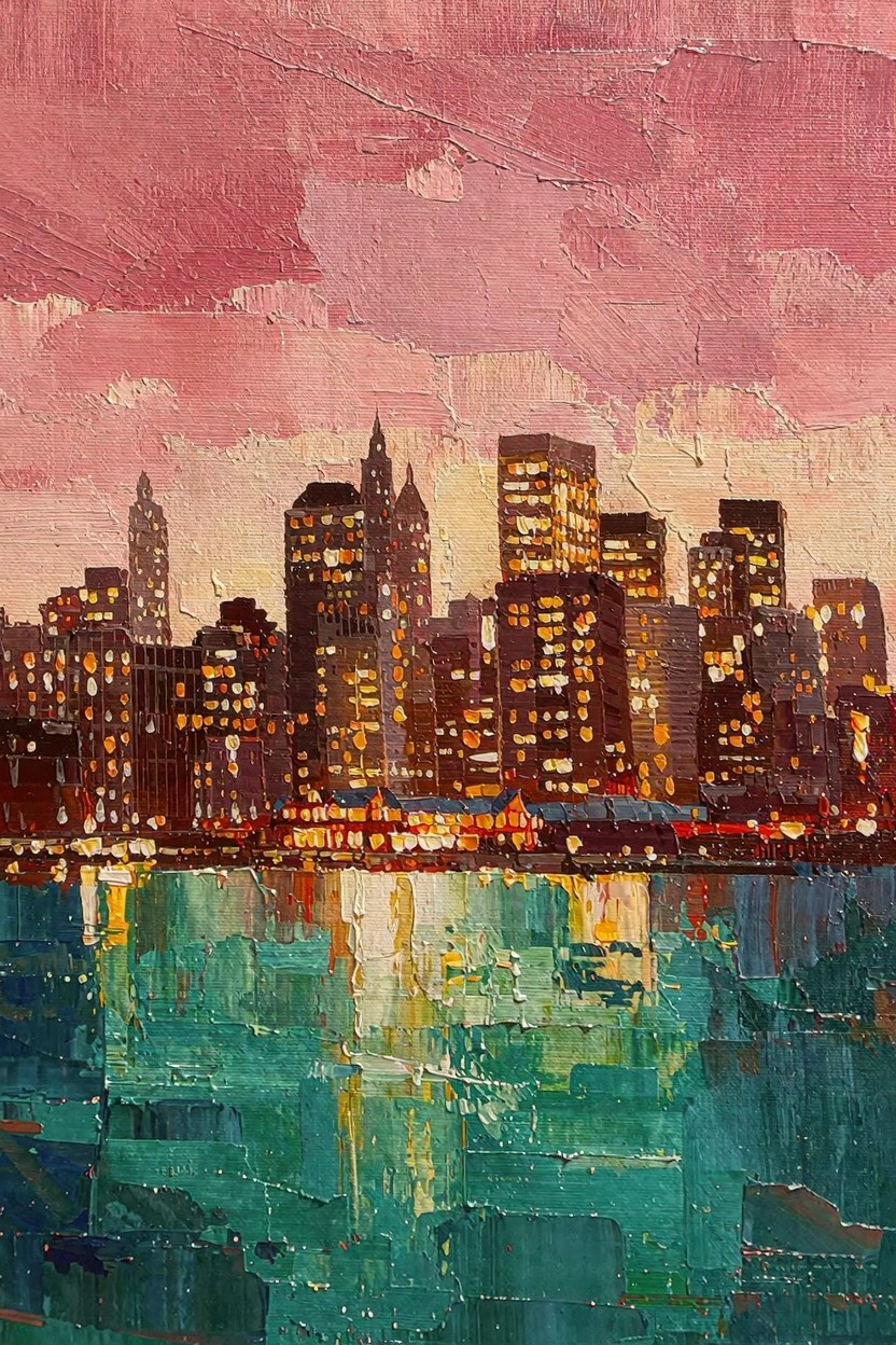 Oil painting of a dark city skyline with lit windows reflected in turquoise water under a textured pink sky.