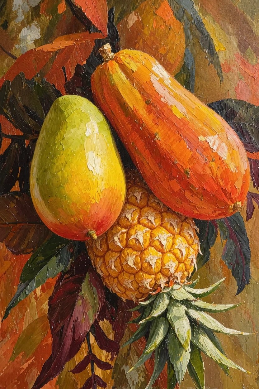 Oil painting of green pear, orange squash, yellow mango, and pineapple with autumn leaves in textured impasto.