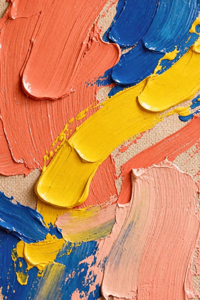 Thick overlapping strokes of orange, blue, and yellow oil paint on textured canvas background.