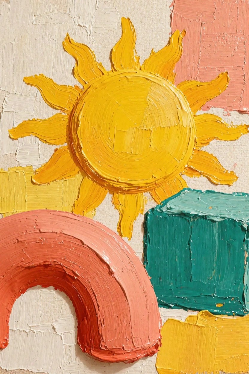 Abstract oil painting featuring a yellow sun with rays, coral arch, teal cube, and color patches on textured off-white background.