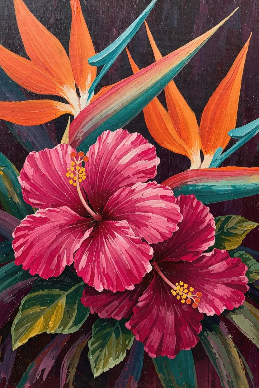 Oil painting of multiple pink hibiscus flowers surrounded by orange bird of paradise blooms and leaves on a dark background.