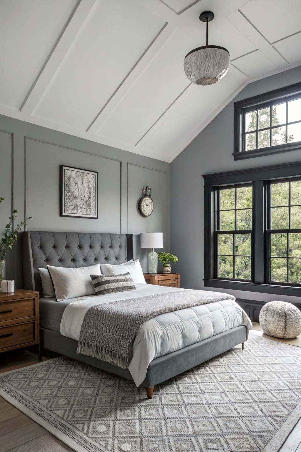Cozy bedroom featuring cool gray walls, tufted gray upholstered bed, wood nightstands, and large black-framed windows with natural light