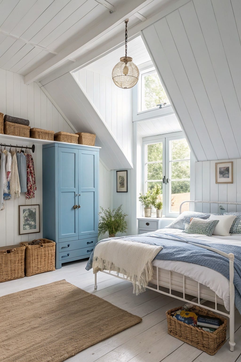 Cozy attic bedroom featuring crisp white paneled walls and ceiling, blue wooden wardrobe, white iron bed with blue linens, wicker storage, and hardwood floors under a skylight.