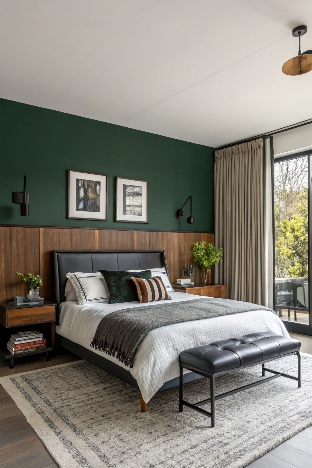 Modern bedroom with deep green accent wall, walnut-paneled black leather headboard, neutral bedding, wood nightstands, and large window overlooking greenery