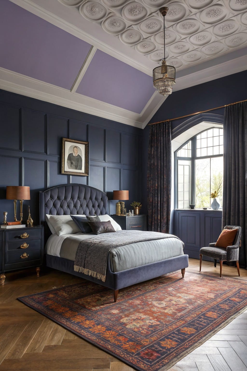 Cozy bedroom featuring deep navy paneled walls, tufted velvet bed, wood floors, and arched window with patterned rug