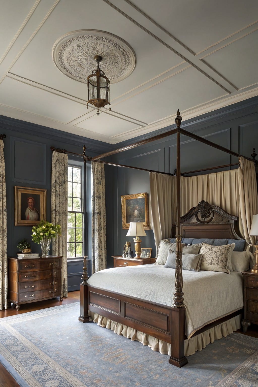 Elegant bedroom featuring deep navy paneled walls, a tall wood four-poster bed with cream drapes and bedding, flanked by wooden nightstands and a dresser, soft window light, and a blue patterned rug
